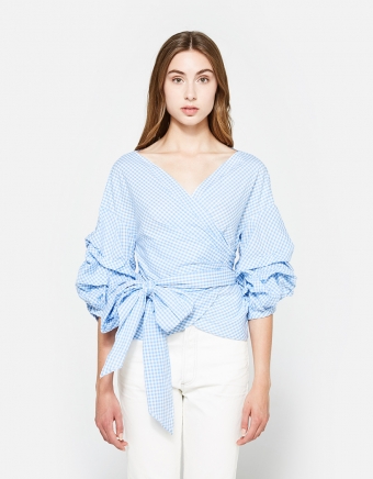 Jayne Wrap Top in Blue Gingham
