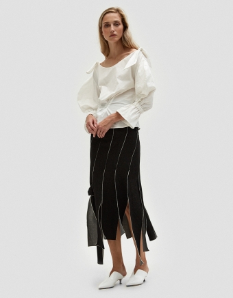 Lauren Denim Strip Panelled Skirt with Knots