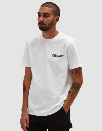 S/S College Script T-Shirt in White/Navy
