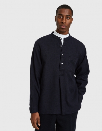 Band Collar Pullover Linen Shirt in Navy