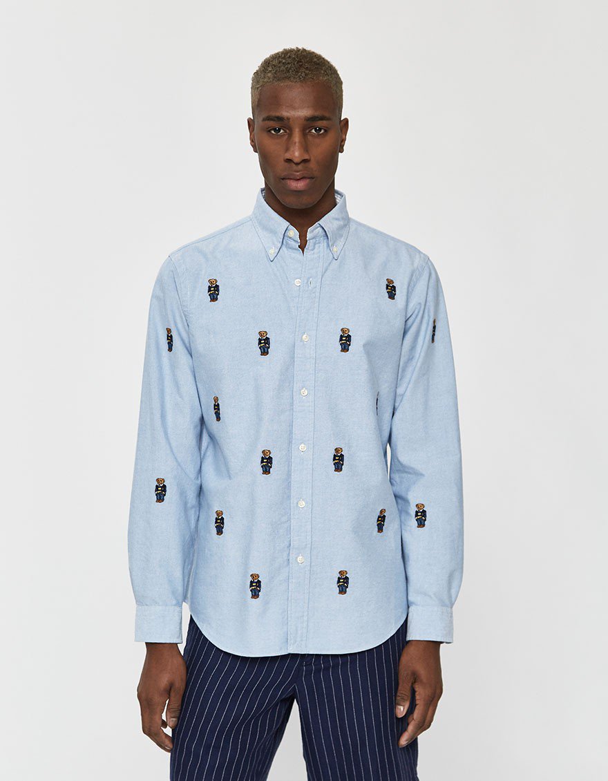 Bear Embroidery Oxford Button Down Shirt