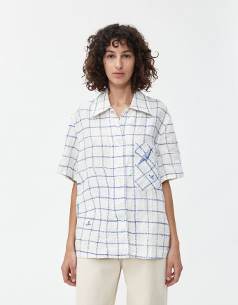 Short Sleeve Square Shirt in Blue Dish Towel